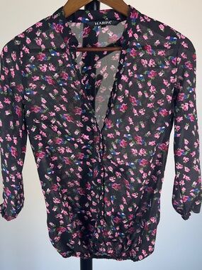 Harpa‎ Sheer Ditsy Floral V-Neck Bubble Hem Blouse Black Pink M